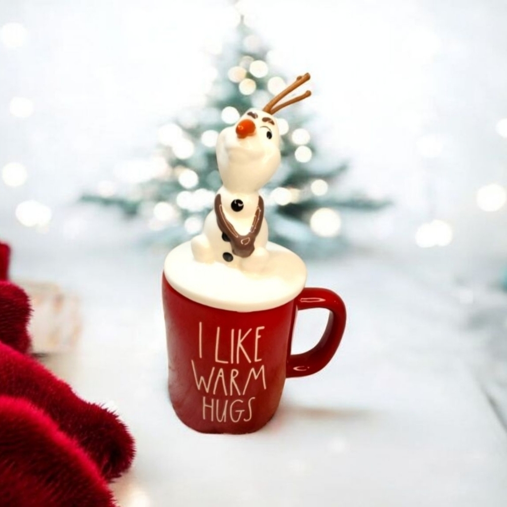 RAE DUNN Frozen Olaf Mug & Topper I Like Warm Hugs Disney Smowman NWOT Winter